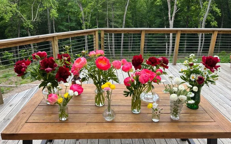 peonies in vases on wooden table